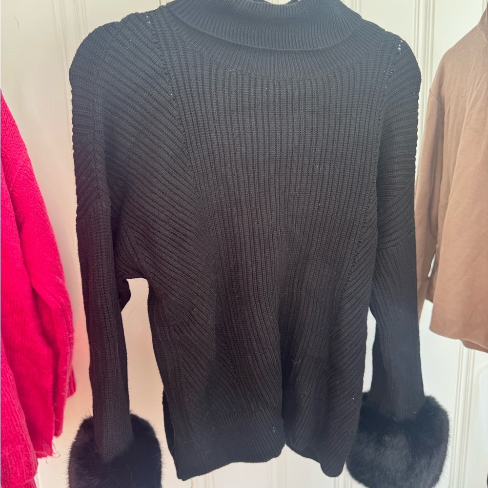 Saks Fifth Avenue Black Cowl Neck Sweater with Faux Fur Cuffs - Picture 2 of 3